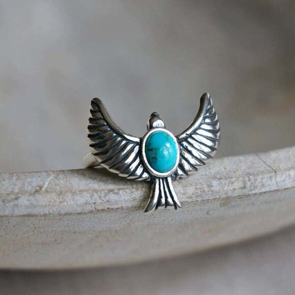 Eagle Emblem Turquoise Sterling Silver Ring – Handcrafted Native American Jewel - Picture 2 of 11